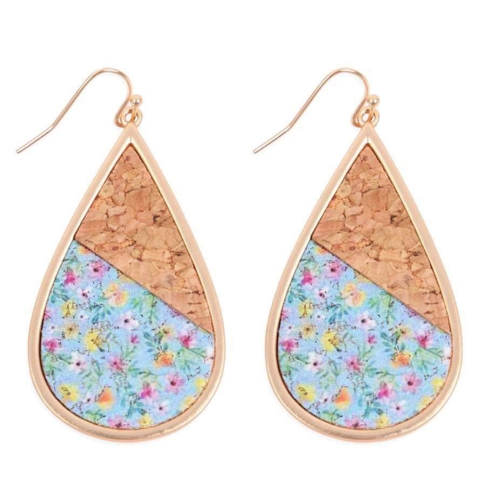 New teardrop shaped earrings floral print and cork